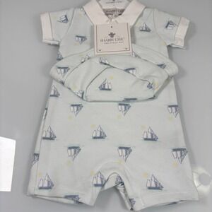 Shabby Chic Kids 3/6M Blue Sailboat Romper Hat Set NEW Nautical Snap Romper